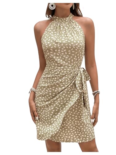 Soly Hux Women'S Allover Print Wrap Halter Dress Summer Knot Side Sleeveless High Waist Fitted Short Dresses Khaki Printed Medium thumb #4
