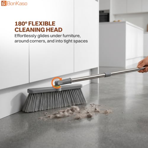 Image of BonKaso Broom and Dustpan Set with Long Handle, Upright Standing Floor Broom and Jhadu with Self Cleaning Comb, Rubber Lip and Multilayer Bristles, Foldable Space Saving Indoor Cleaning Set