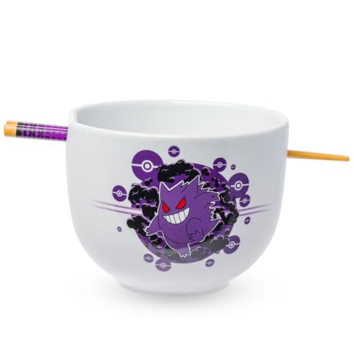 Silver Buffalo Pokemon Gengar Pokeball Ceramic Ramen Noodle Rice Bowl with Chopsticks, Microwave Safe, 20 Ounces