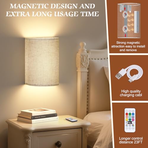 Image of OCATO Battery Operated Wall Sconce: Wireless Wall Sconces Set of Two Magnetic Lamp Rechargeable Lights Dimmable with 16 RGB Colors Fabric Linen Shade with Remote Walls Decor for Bedroom Living Room