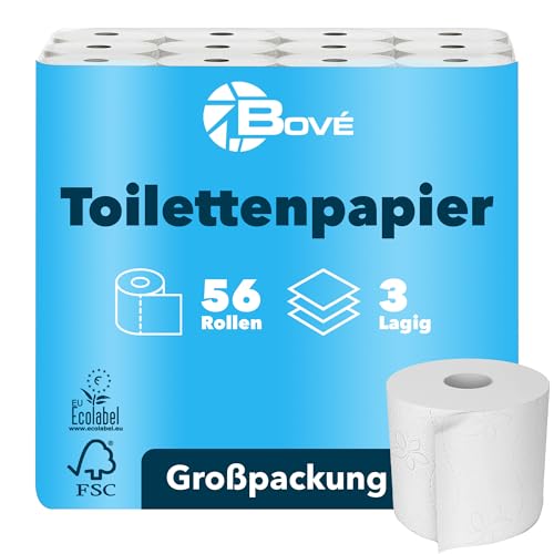 BOVE Toilettenpapier 3-lagig 250 Blatt, 56 Rollen (7 Pack je 8 Rollen), weiß,100% Zellstoff,...