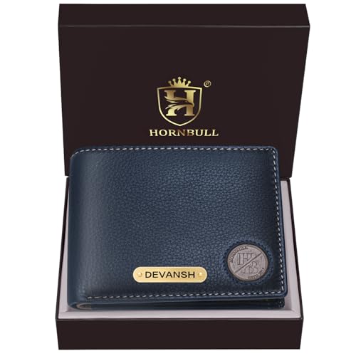 Image of HORNBULL Men's Personalized Wallet I Customized Slim Stylish Leather Purse with Name I Unique Birthday Gift for Men Boy Love Husband (Navy /Mud)