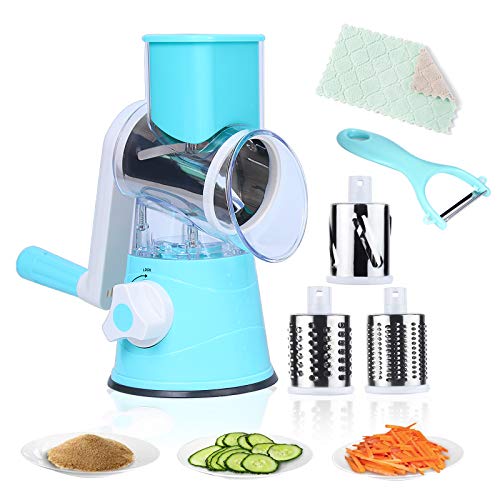 Rotary Cheese Grater with Handle 3-in-1 Vegetable Slicer Stainless Steel Blades, Round Mandoline Slicer for Potato Onion Cucumber and Carrot Salad Machine Nut Grinder+1Vegetable Peeler+1Clean Mat