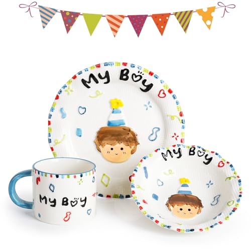 ZONEYILA Birthday Gifts For Children - Hand-Painted Boy Girl Ceramic Dessert Plate, Cereal Bowl, Mug...