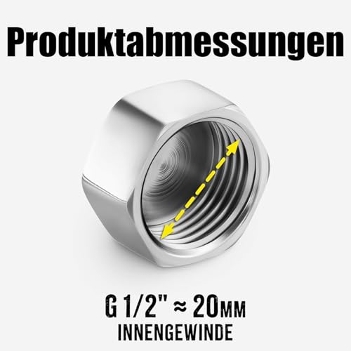 YOGAZEN 304 Edelstahl G1/2\(Ø20mm) Innengewinde, 2 Stück Blindstopfen Wasserleitung Verschlusskappe G1/2\, Edelstahl Sechskant, Rohrkappe Endkappe Gewindefitting für Garten (mit Lederring)