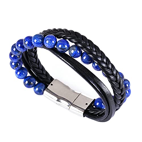 Bracelet gothique pour hommes avec perles en pierre naturelle et cuir tressé multicouche 21cm