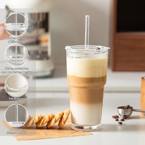 INSETLAN 2 Stück 590ml Klassisch Glasbecher mit Deckel und Strohhalm, dickwandige und robuste Smoothie Becher aus hochwertigem Glas, luftdichtes und wasserdichtes Design, ideal als Kaffee – Bild 2