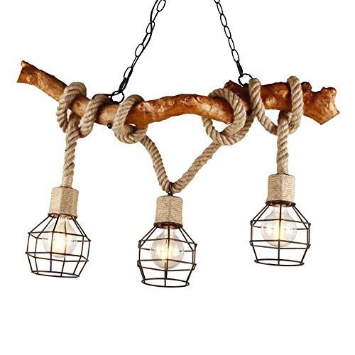 Zhang Yan ZYY Vintage Wooden Chandeliers Industrial 3 Lights Rope Chandeliers Metal Wire Cage Lamp Loft Rustic Ceiling Light (Not Include Light Bulbs)