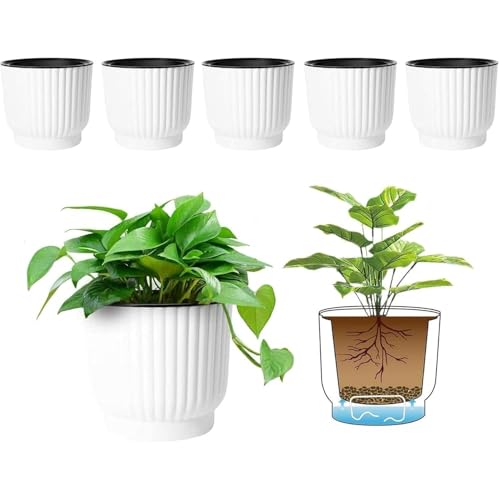 T4U 4 Inch Self Watering Pots for Indoor Plants, 6 Pack White Plastic Flower Pots for All House Plants, Flowers, African Violets