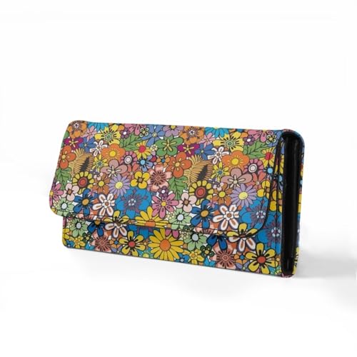 Image of AFPANQZ Women's Leather Long Clutch Wallet Colorful Hippie Flower Wallet Purse Leather Trifold Wallet Multi Card Holder Organizer Phone Holder Purse Buckle Coin Pocket Mini Handbag