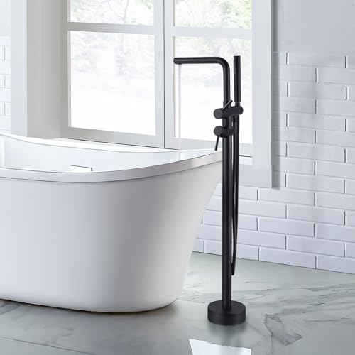 ARCORA Freistehende Wannenarmatur: Badewannenarmatur aus Kupfer Edelstahl 360° Schwenkbar Badewanne Bodenmontage mit Handbrause - Schwarz