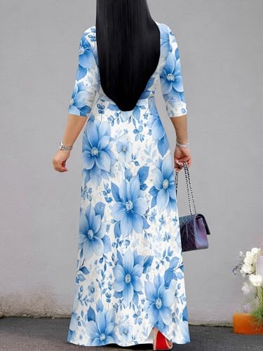 Image of Women Plus Size Long Sleeve V Neck Maxi Dress with Belt | Soft fabric relaxed fit three quarter sleeve v neck with pockets for party and daily wear