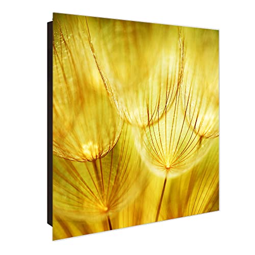 banjado Großer Schlüsselkasten Glas - Schlüsselbox 30x30cm mit 50 Haken - Schlüsselkasten modern für Schlüsselaufbewahrung mit beschreibbarer, magnetischer Glastür - Motiv Pusteblume