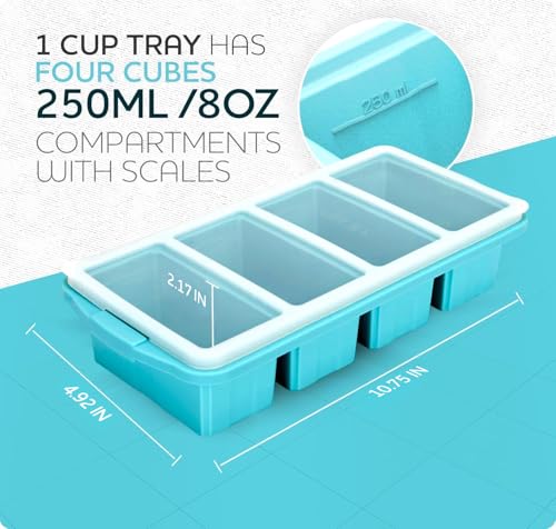 Image of Silicone Freezer Tray With Lid - Soup Freezer Container molds - Large Ice Cube Tray- makes 8 perfect 1 cup portions cubes, 1-Pack Freezer Storage Food Soups & Meal Prep - Oven & Dishwasher -Safe
