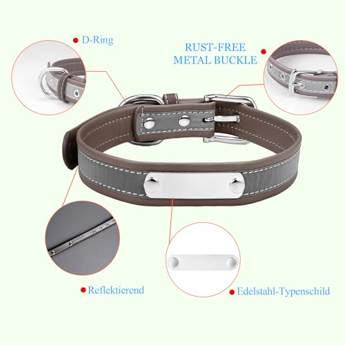 Reflektierend Halsband für Hunde aus Leder Personalisierte Hundehalsband mit Namen Gravur Dunkelblau Halsband mit Namenschild für den großen, mittleren Hund,Hundehalsbänder XL
