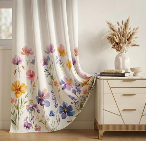 Image of BSB HOME 100% Blackout Curtains Set of 2 for Door & Window, Floral Print Room Darkening Curtains for Living Room, Bedroom & Balcony Privacy Drapes, 7 Feet (121 x 213 cm) - Wildflower Alabaster White