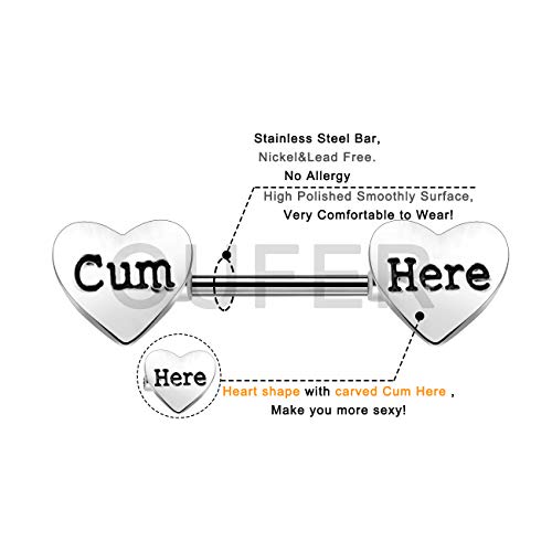 Oufer 2Pcs 14G Stainless Steel Nipplerings Barbell Heart With Carved Cum Here Nipple Rings Piercing For Women Men In Body Piercing Jewelry #TOP2