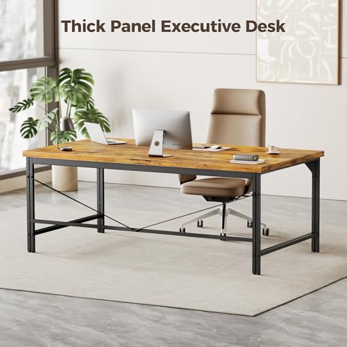 Image of Mericonia 40 Inch Computer Desk, 1 inch Thick Small Office Table, Brown | Modern Simple Style, Heavy Duty Industrial Frame, Small Study & Writing Table for Home Bedroom Work