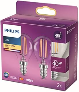 Philips LED Premium Classic Light Bulb Twin Pack [E14 Edison Screw] 4.3W, 40W Equivalent, Warm White (2700K).