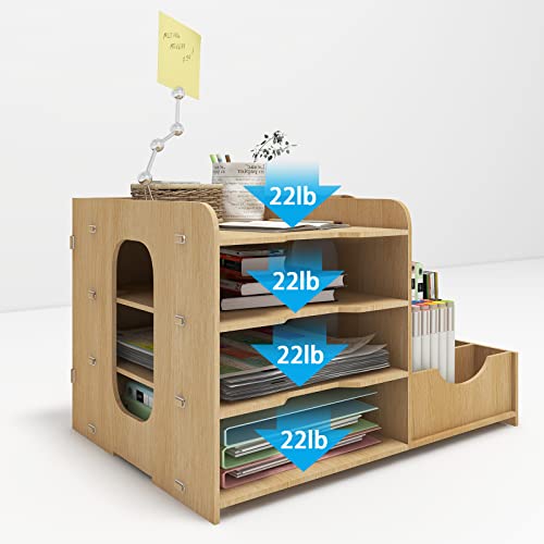PUNCIA 4 Tier Wooden Desktop Organizer Letter A4 File Rack - Mail Sorter with Vertical & Horizontal File Holder, Tabletop Storage Box for Office Supplies Binders Folders Trays image 1