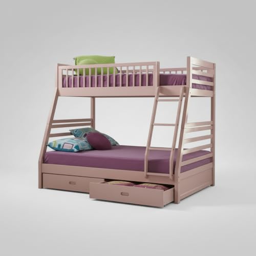 Image of APRODZ Solid Wood Elvira Light Pink Twin Over Queen Size Bunk Bed with Storage