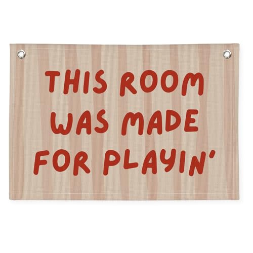 Image of Wheatwin Playroom Decor Wall Banner "This Room Was Made For Playin'" 20x30 Inch - Nursery Canvas Art, Kids Bedroom Hanging, Linen Toddler Play Area Sign, Children's Canvas Flag Decor