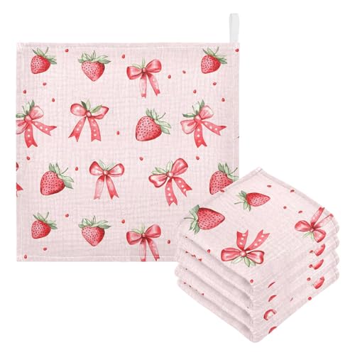 Image of Washcloths Set Bathroom Kitchen Wash Cloths Face Towels Wipes Strawberry Bows Cute Decorative 12x12 Inch 5 Pack