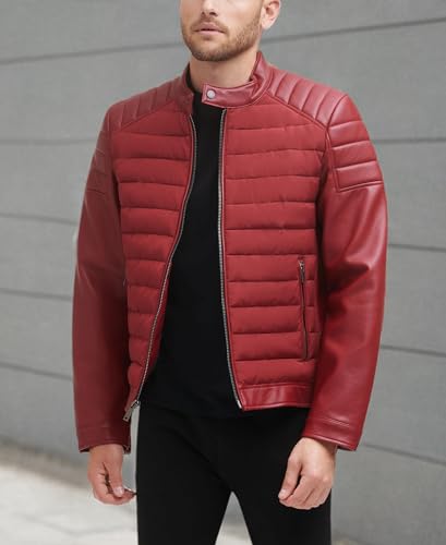 Image of DKNY Men's Mixed Media Faux Leather Puffer Motocross Racer Jacket