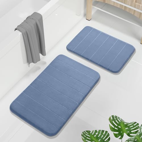 Image of Yimobra Memory Foam Bathroom Rugs Sets 2 Piece - Super Soft Absorbent Quick Dry Bath Mat Set, Machine Washable Non Slip Floor Carpet for Tub Shower & Single Sink (17x24 & 31.5x20 Inch, Denim Blue)