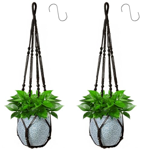 Apstaqeoo Macrame Plant Hanger Indoor Outdoor Hanging Planter Basket with 2 Hooks, Flower Pot Plant Holder with Decorative Wood Beads & No Tassels, Boho Home Decor, 90CM Black(2Pcs,POTS NOT Included)