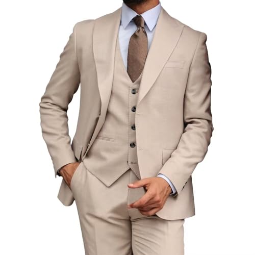 Men Suit Set 3 Pieces Formal Slim Fit Blazer Vest Pants Peak Lapel Solid Color Wedding Groomsmen Outfit2