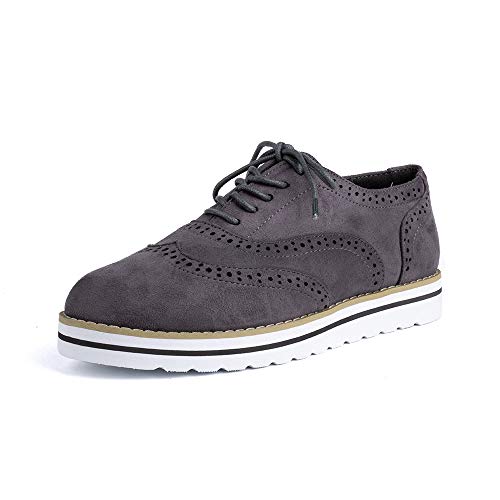 Zapatos de Cordones Mujer Planos Brogue Derby Oxford Gamuza Cuero Mocasines Vestir Moda Casual Calzado Gris 40