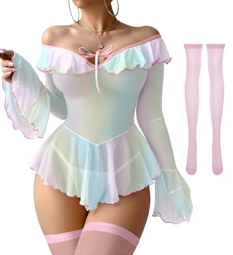 Image of Foxiny Sheer Ruffle Long Sleeve Babydoll Lingerie Dress | Off-shoulder neckline, flared cuffs and a flounce hem add movement; thong and thigh-high stockings complete the 3-piece set
