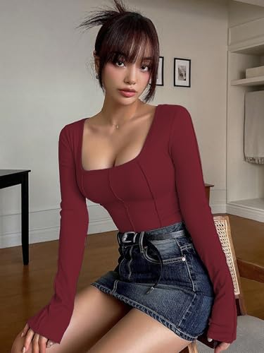 Image of Sugathari Women's Black Solid Long Sleeve Wrap-Style Square Split Crew Neck Bodycon Women T-Shirt Spring and Summer Top, Minimalist and Fashionable for Everyday Casual Wear Tops (T-Shirt 181)