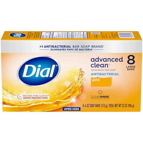 Dial Antibacterial Deodorant Bar Soap, Advanced Clean Gold, 4 Oz, 32 Bars, Round the Clock Odor Protection, Dermatologist Tested, With Clean Rinse Technology