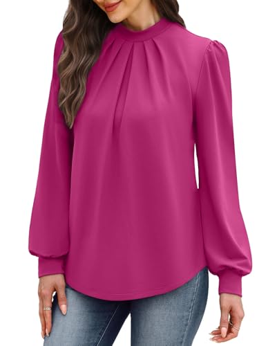 Image of WIHOLL Long Sleeve Shirts for Women Mock Neck Tops Pleated Front Blouses Dressy Casual Spring Fall Clothes 2026 Fashion