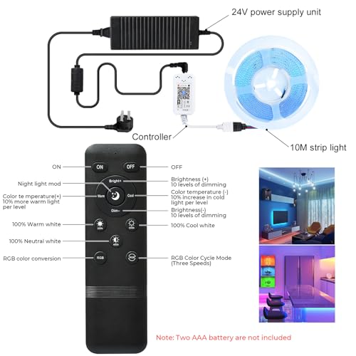 WiFi RGB COB LED Strip Light 10M,576LEDs/M Dimmable LED Strip Kit,Flexible Strip Lights 24V LED Tape Lights for Bedroom,Kitchen,Home DIY Lighting,Work with Alexa/Google Home