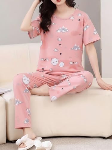 Image of Women's Korean Style Night Suit Set | Cotton Half Sleeve Top & Pyjama Set | Round Neck Printed Nightsuit | Comfortable Nightwear & Loungewear for Women | Sleepwear Pjs Lounge Set |Co-ords Outfit