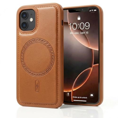 Image of amazon basics Premium PU Leather Case for iPhone 11, MagSafe Compatible Magnetic Ring, Sleek Protective Back Cover - [Tan]