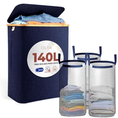 D'LYA Cesto Ropa Sucia con Tapa Tamaño, Cubo Ropa Sucia Grande para Colada de Bambú, Cesta Ropa Sucia Fácil de Montar y Plegable con Asas (Azul, 3 Compartimientos (XXL - 140L))