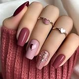 Press on Nails Medium Coffin Fake Nails with Heart Rhinestones Designs Pink Nails Press ons Red Acrylic Nails Stick on Nails for Women 24 pcs