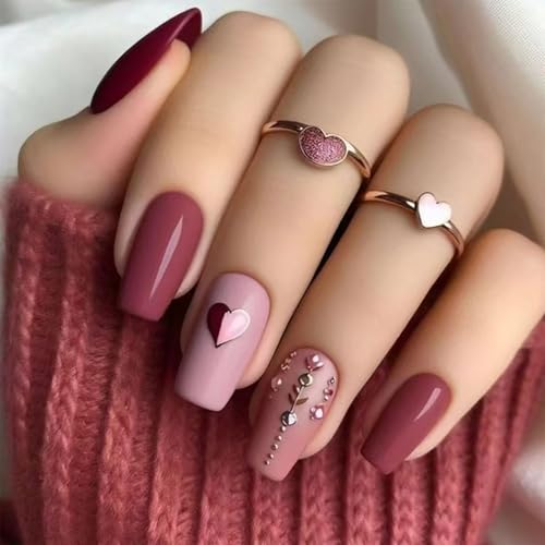 Press on Nails Medium Coffin Fake Nails with Heart Rhinestones Designs Pink Nails Press ons Red Acrylic Nails Stick on Nails for Women 24 pcs