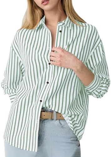 Flygo Womens Button Down Striped Shirt Casual Collared Cotton Ove...