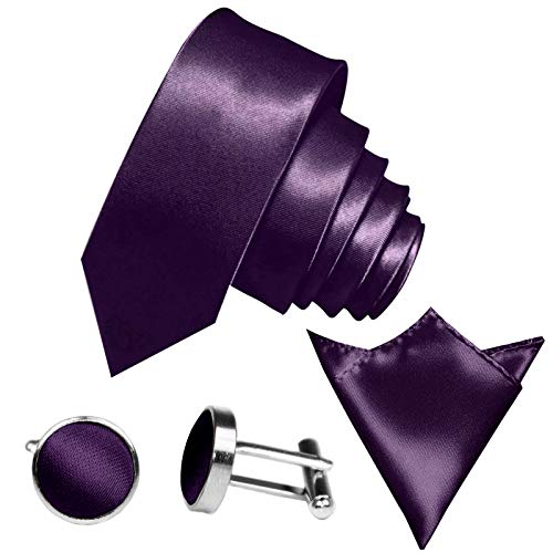 GASSANI 3-delige stropdassenset 29 satijnen kleuren, 6 cm smalle skinny stropdas pochet, Paars | Aubergine | Paars | Pruim, 6cmx150cm