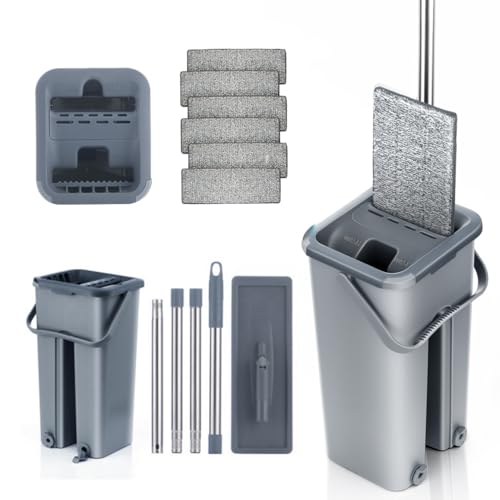 Mopa para Limpiar Azulejos y Paredes Mopa Fregona con Cubo Escurridor Fregona Autoescurrible Mopas de Limpieza Suelos Mop Bucket Set 6 Almohadillas Gamuza Trapeador Microfibra