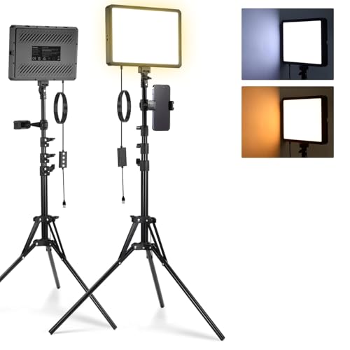 NEEWER Basics 2 Pack LED Video Light Panel mit 59''/150cm Stativständer & Telefonhalter, 2700 6500K 850Lux Bi Color Dimmbare Studiobeleuchtung für...