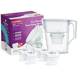 Pasteur Filtros De Agua Aqua Optima Liscia Jarra de Filtro de Agua y 6 Cartuchos de Filtro de Agua Evolve+ de 30 Días, Capacidad de 2,5 litros, Para la Reducción de Microplásticos, Cloro, Cal e Impurezas, Blanco