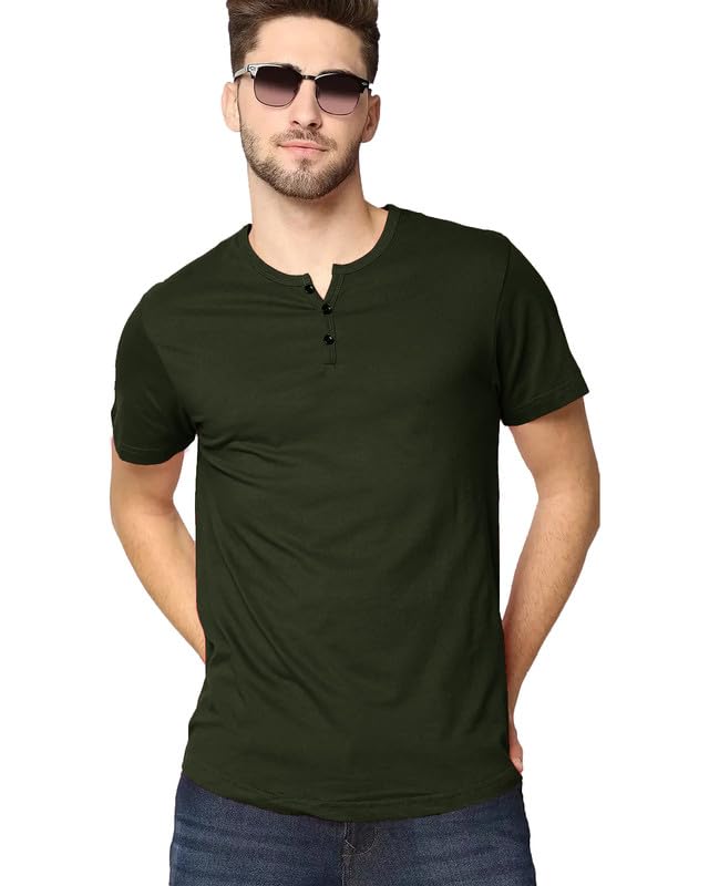 Image of LAZYCHUNKS Henley Neck Men's Cotton Half Plain Sleeves Slim Fit T-Shirt | Round Neck Men's Tshirt | Solid Colors | Summer Wear | - Multicolor