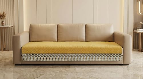 Image of Velvet Quilted Sofa Cover Mat Seat & Back, 3 Seater, L69in H32in, Yellow Color,Anti Skid Backing, 6in Hanging Strap Design, Washable Soft, Anti Slip, Separa, Style -Yellow-S3