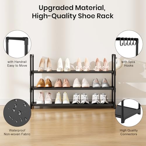 Image of VILICK Shoe Rack for Closet Shoe Organizer Space Saver Storage for 12-15 Pair Shoe Shelf with Hook Free Standing 3 Tier Shoe Rack Organizer for Entryway, Small Spaces, Black